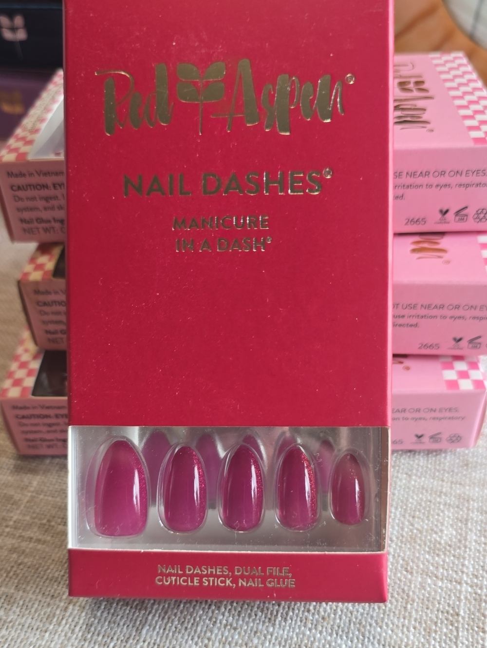 Red Aspen Nail Dashes in Deep Rose Pink Almond Long